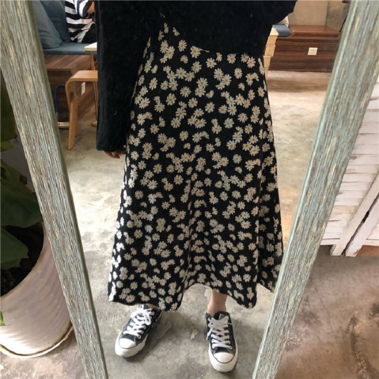 Fresh-Style Daisy Printed Skirt High-Waist Slimming Women's Wear Out-of-the-Street Long All-Match A- Line Dress for Summer