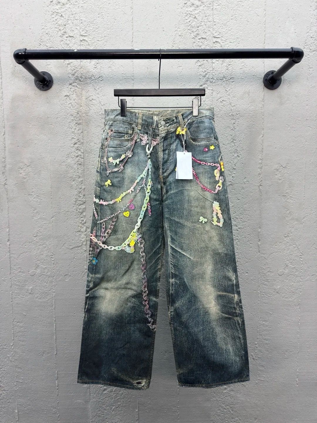 Nanyou high-end women's clothing ac home 25 new trendy street candy chain printing contrast color Denim trousers for men and women