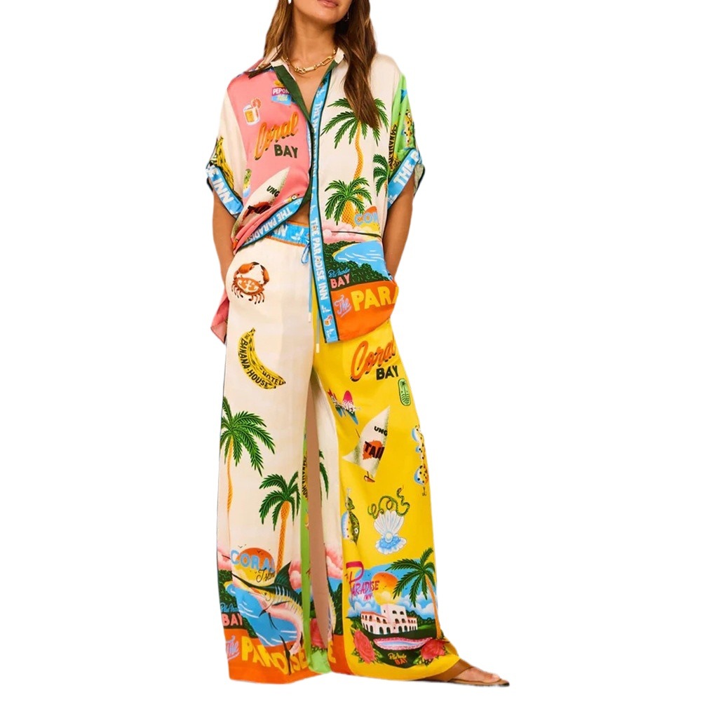 Cross-border 2024 Summer European and American Foreign Trade Women's Clothing AliExpress Shirt Trousers Loose Printed Set Casual Two-piece Set