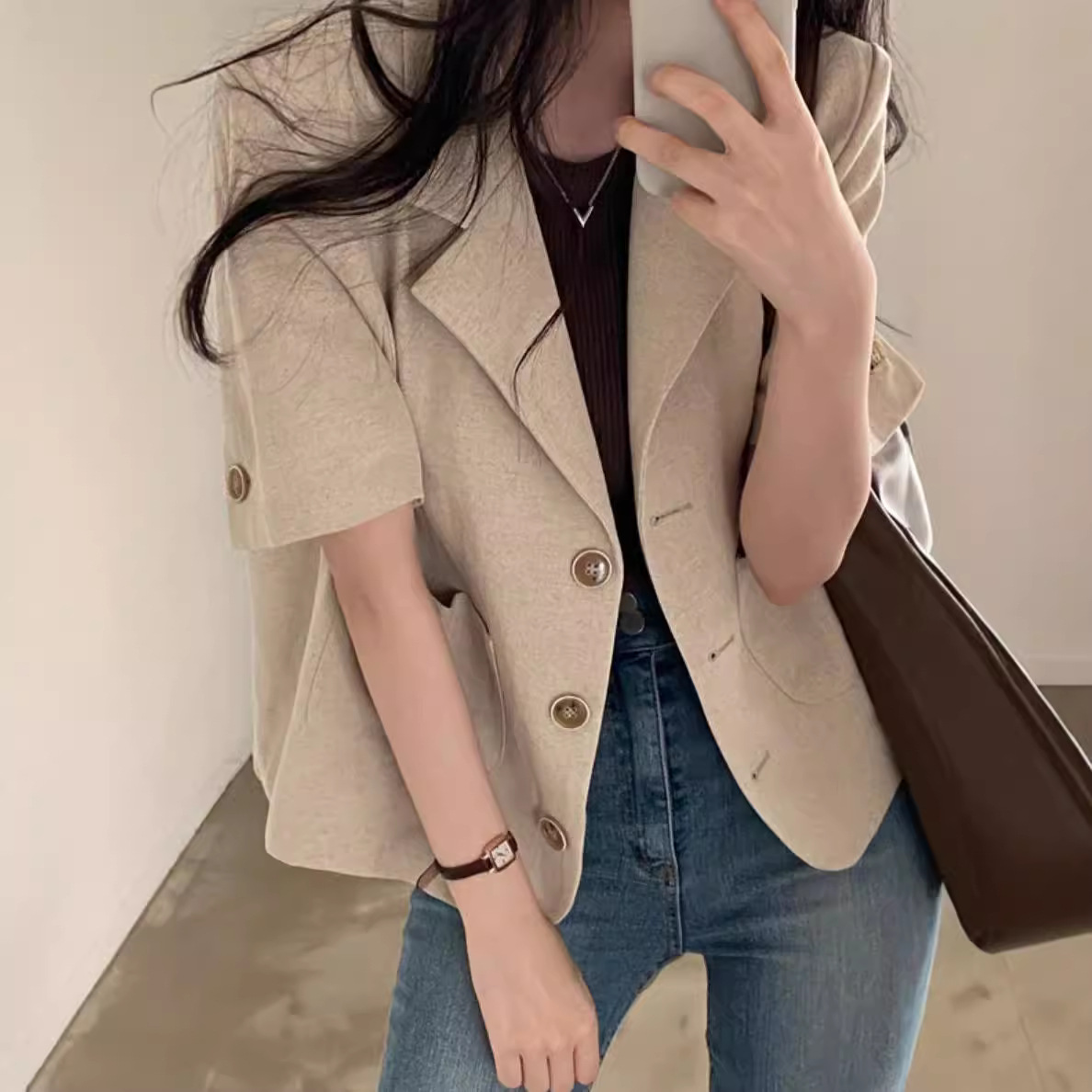Picture of South Korea chic summer 2023 vintage temperament lapel three button loose casual short sleeve linen suit coat women