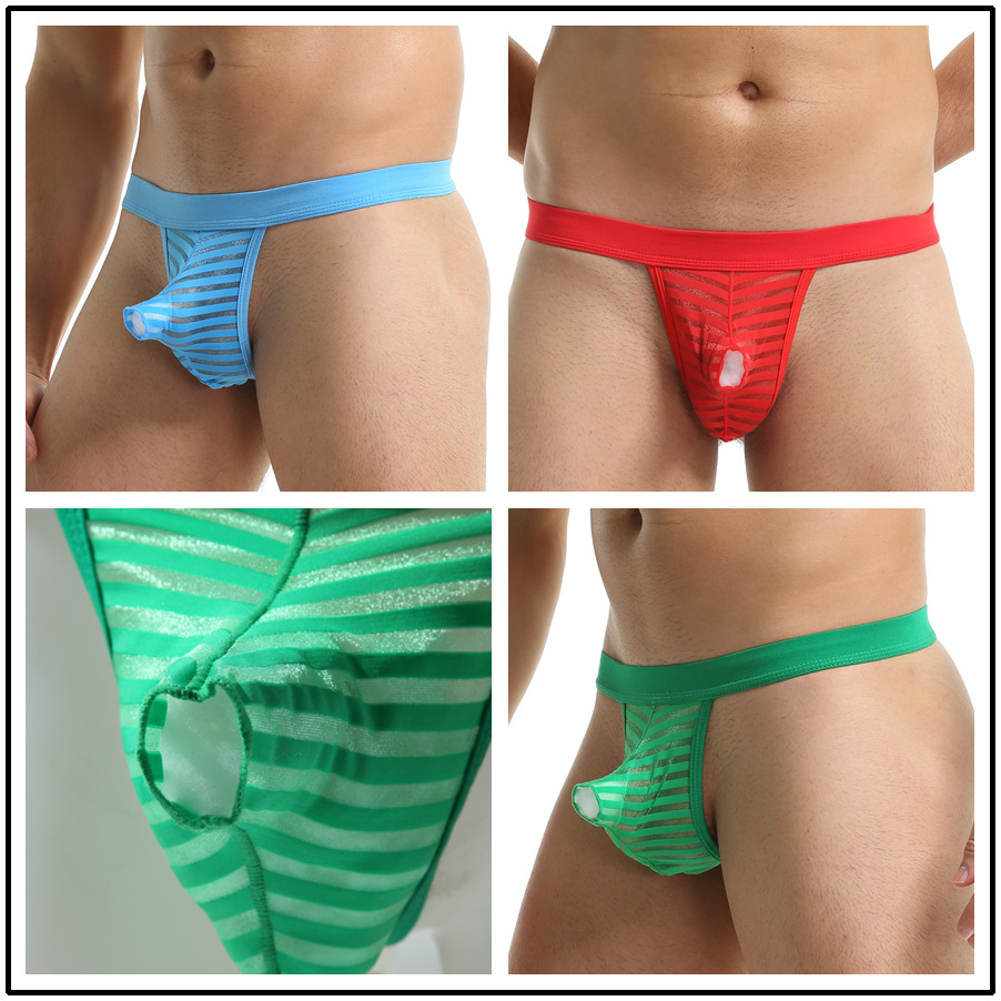 Foreign Trade Amazon AliExpress Cross-border Special for Men's Underwear Ice Silk Stripe Hook Thong Large Pocket T Pants