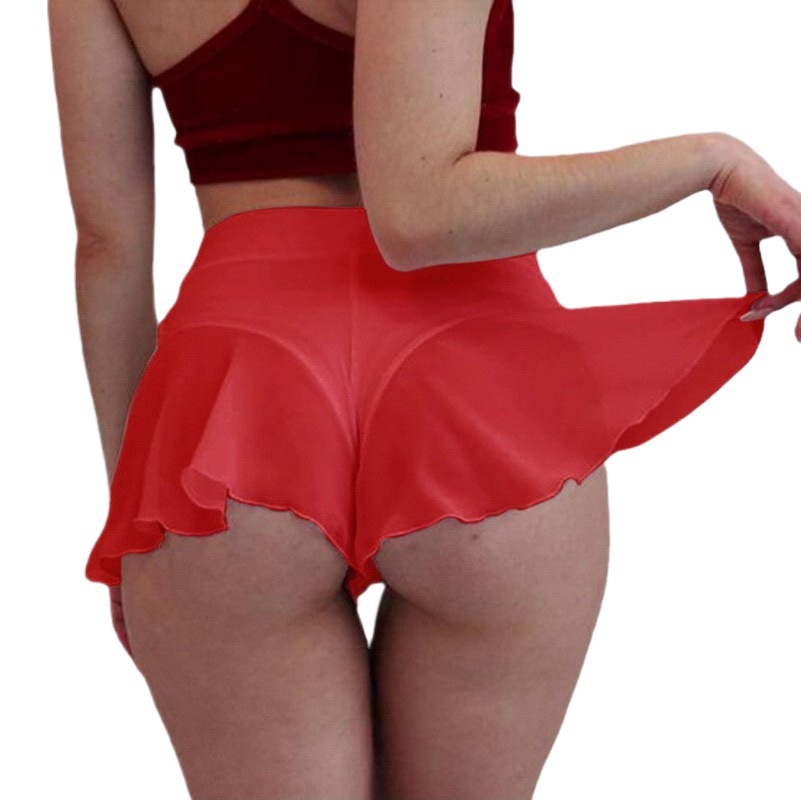 European and American women's high waist ruffled transparent small skirt with lining mini tight bikini pleated fitness shorts