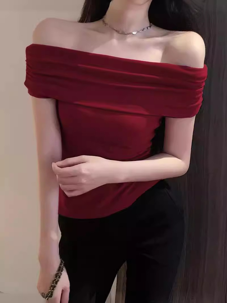 Pure Desire Hot off-shoulder Top Pleated Leaky Clavicle Design Sweet and Hot Slim-fit Slimming Shoulder Chic Women's T-shirt