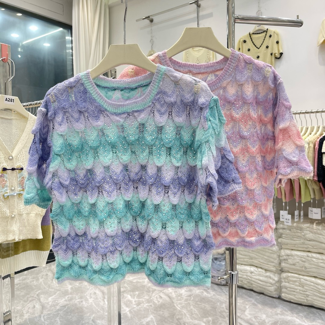 Picture of Summer Thin Heavy Industry Diamond-encrusted Rainbow Color Knitwear Women's New Style Chanel Style Loose Pullover Loose Hollow Top