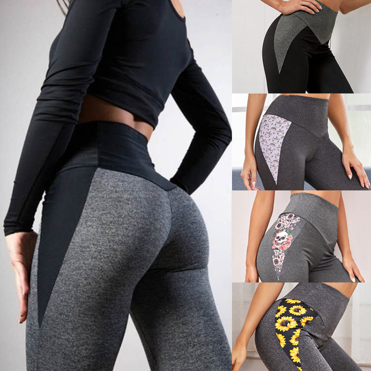 Europe and the United States new contrast color stitching sports yoga leggings high waist hip stretch tight pants a large number of in stock