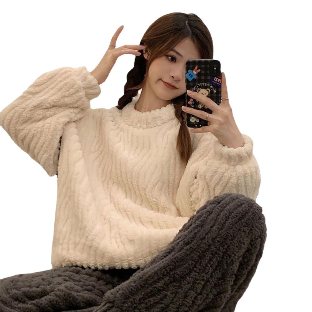 Live popular winter thickened pajamas women's long sleeve new warm thickened fleece-lined pajamas fleece-lined home wear women's suit