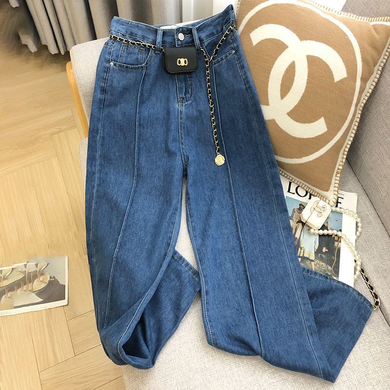2024 Autumn New Blue Design Niche Jeans Women's Korean Style High Waist Slim Easiest for Match Straight-Leg Wide Leg Pants