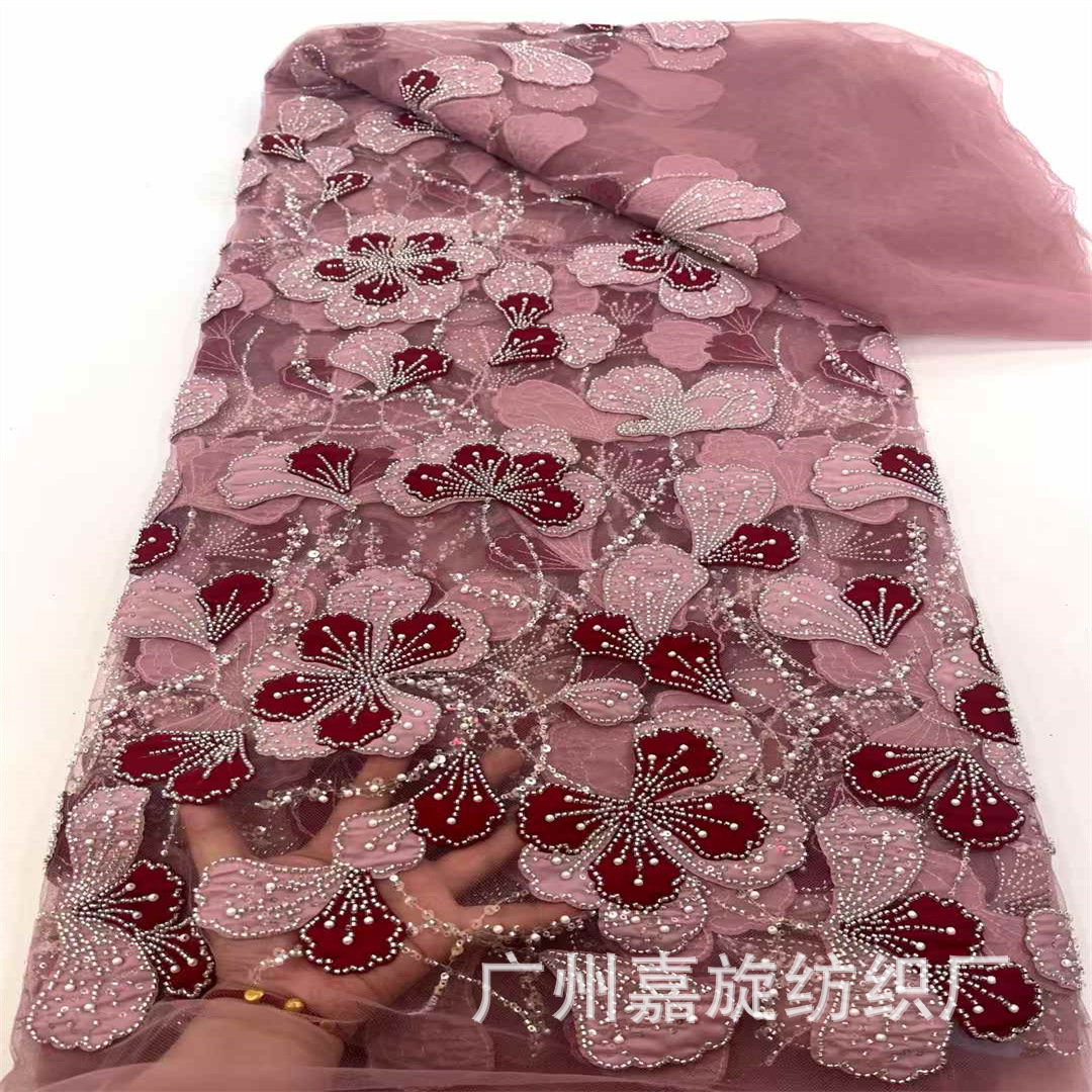 New Mesh Beads Small Leaf Band Three-in-One Embroidered Cloth South Africa Hepburn Style Wedding Dress Fashion Fabric