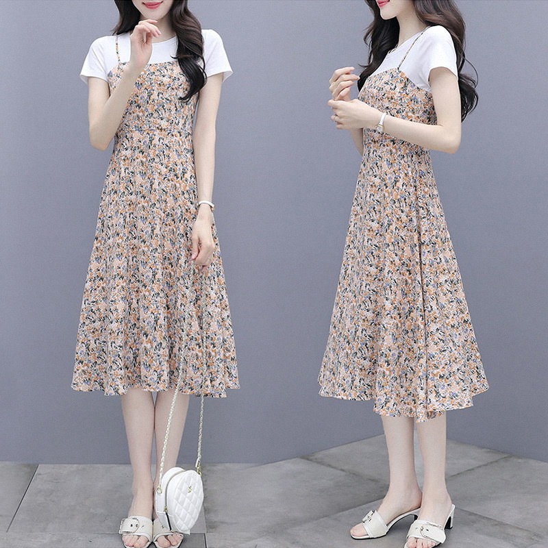 Strappy Faux Two-Piece Dress for Women, 2025 Summer New Style, Light Mature Style, Slimming, Covering, Knee-Length Long Dress, Trendy