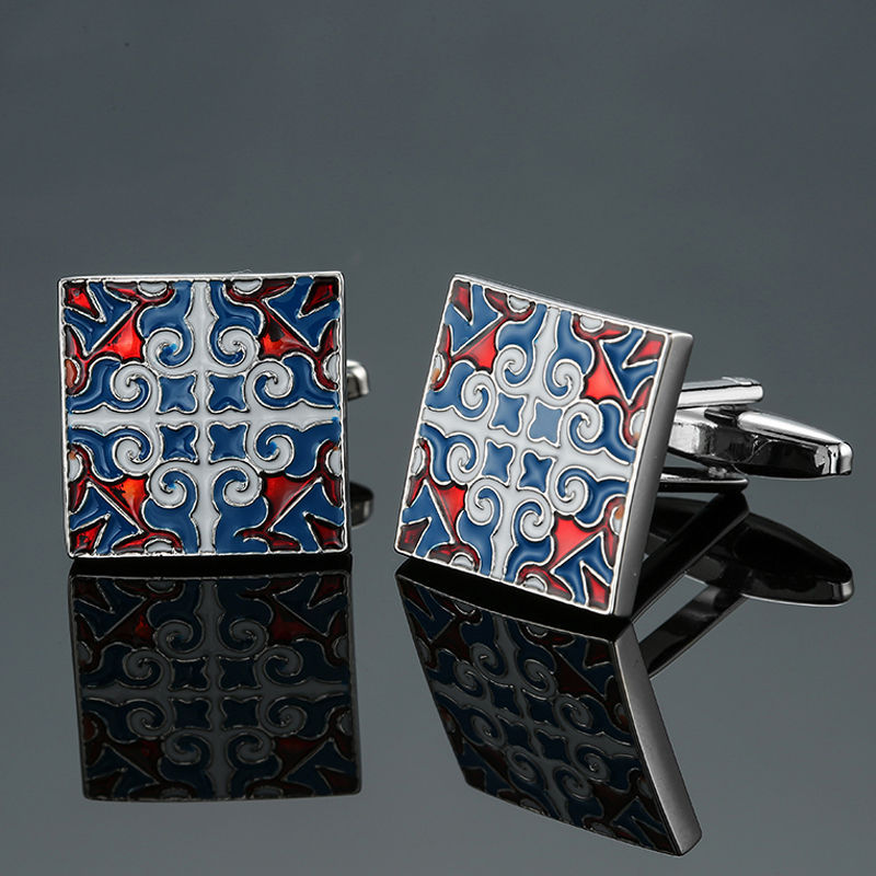 Picture of Glamour Jewelry Men's French Shirt Cufflinks Wholesale Blue Series Enamel Crystal Vintage Pattern Cufflinks