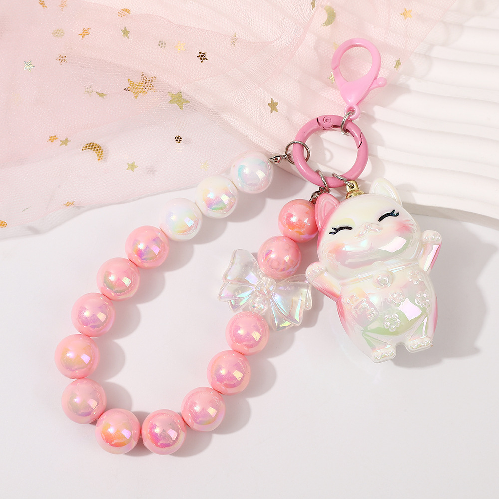 Picture of Girl heart lucky cat beads keychain two-color pearl beaded mobile phone chain bag keychain pendant