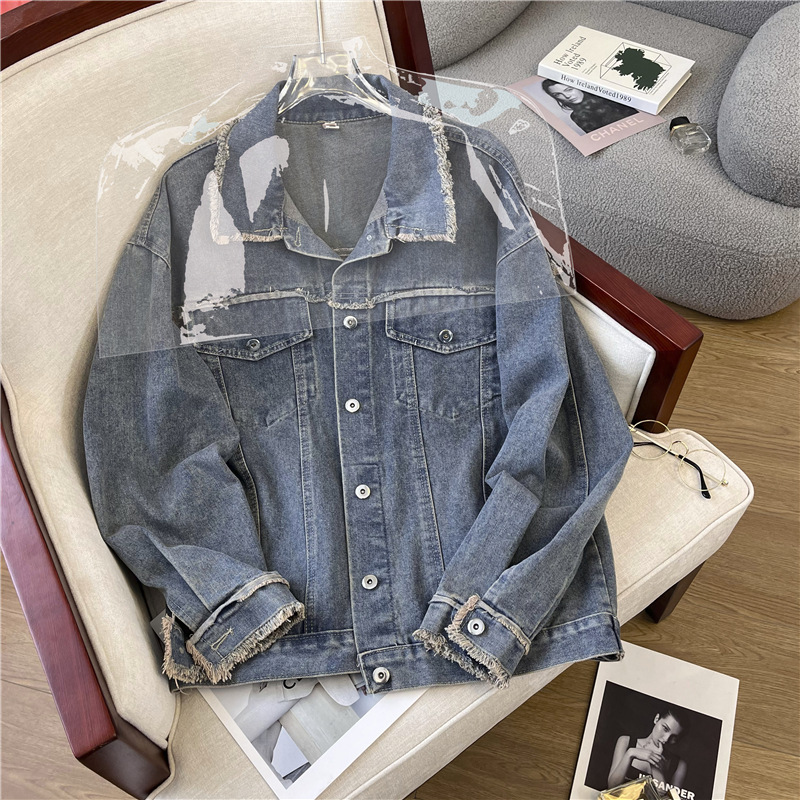 Vintage Rave Old Ripped Denim Coat Women's Spring and Autumn Loose Casual All-match Work Jacket Top Trendy Ins
