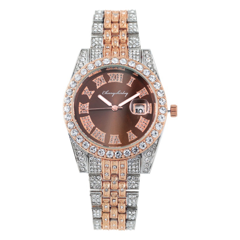 Foreign trade hot-selling watches European and American explosions men's steel band hip-hop Roman scale diamond calendar men's quartz wrist watch