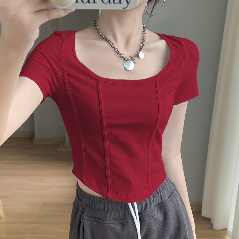 Picture of [95 Cotton 5 Spandex] Shoulder Fish Bone Short Sleeve T-Shirt Women's Summer Slim-fit Niche Slimming Short Pure Sweet Top