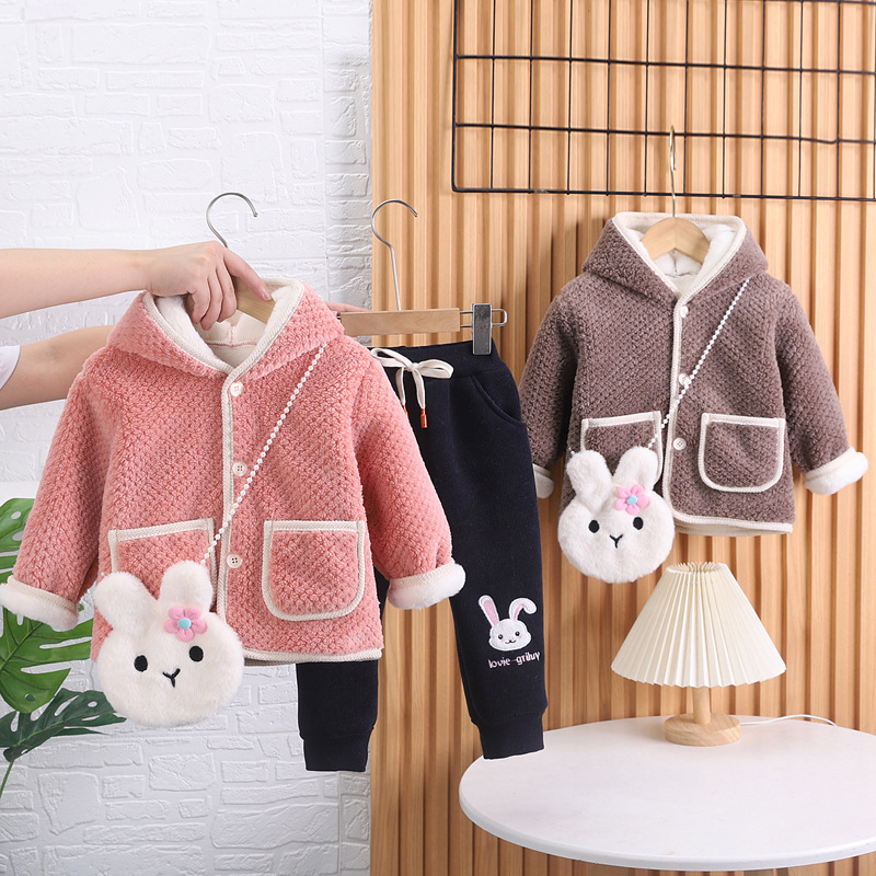 Girls' autumn and winter suit new fleece-lined thickened children's baby rabbit head messenger bag fleece-lined long sleeve two-piece set