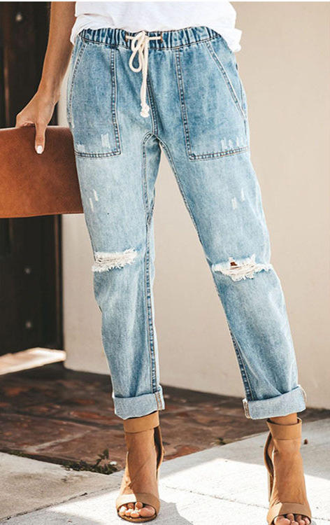 Picture of Cross-border women's clothing 2021 Amazon casual street hipster European and American fashion straight pants women's ripped jeans
