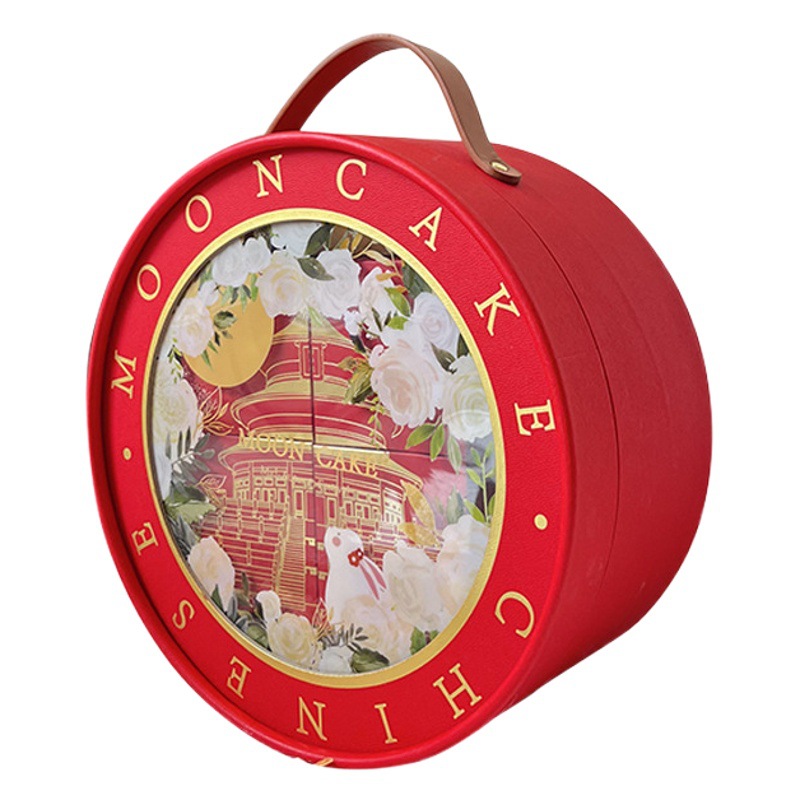 2024 Chinese High-grade Red Moon Cake Gift Box with Window and National Style Round Holding Barrel Double-layer Portable Cylinder 8-grain Pack