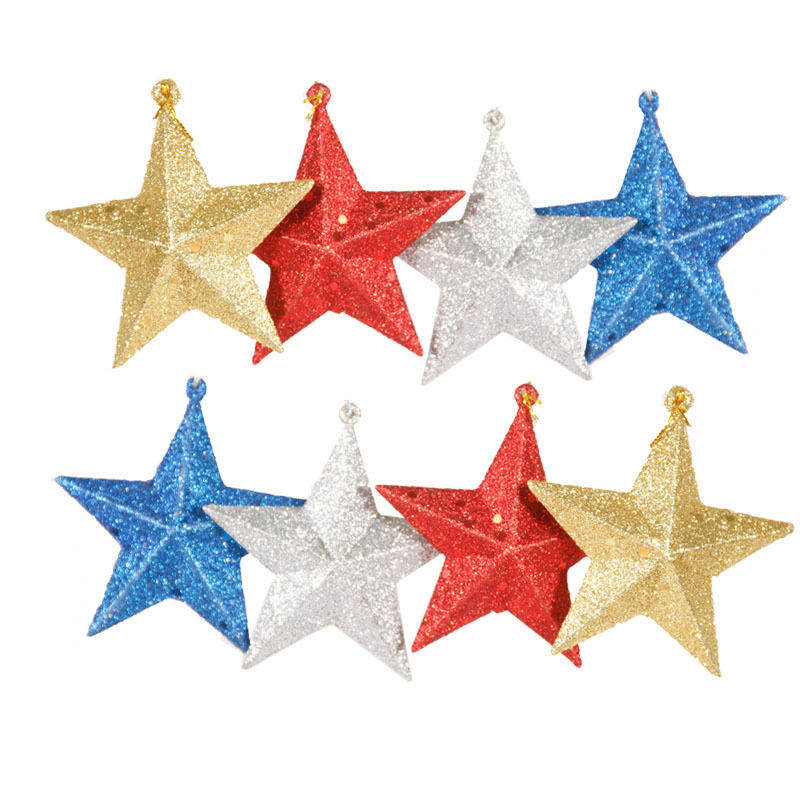 Christmas Tree Ornaments Christmas Plastic Glitter Five-Pointed Star Christmas Tree Ornaments 6-Pack in Gold, Silver, Red, and Blue Gifts