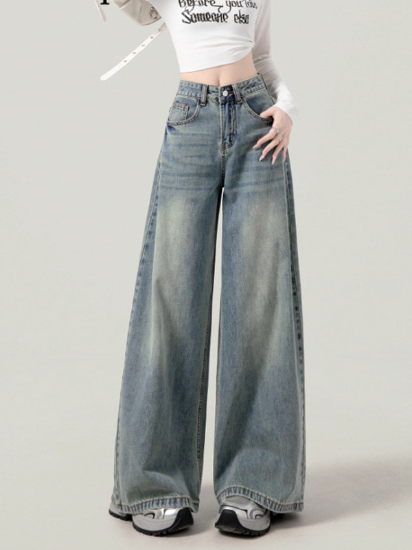 American High Street High-Waisted Wide-Leg Jeans for Women in Autumn and Winter New Loose Design Versatile Wide-Leg Floor-Length Trousers
