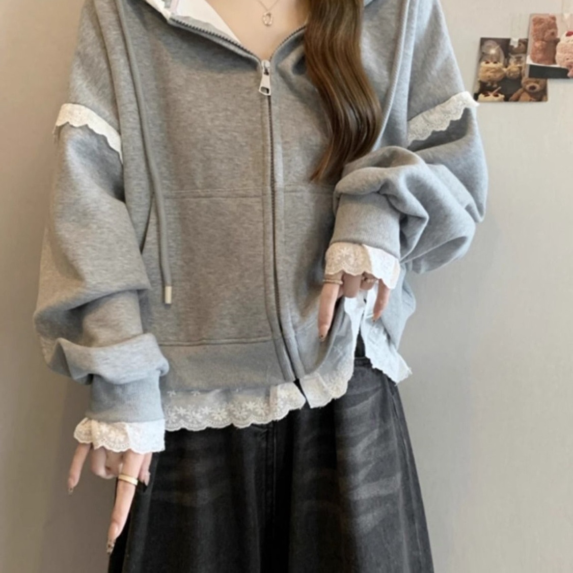 Spring and Autumn New Plus Size Fat Hooded Sweatshirt Cardigan Jacket Women's Casual Slimming Lace Lace Top