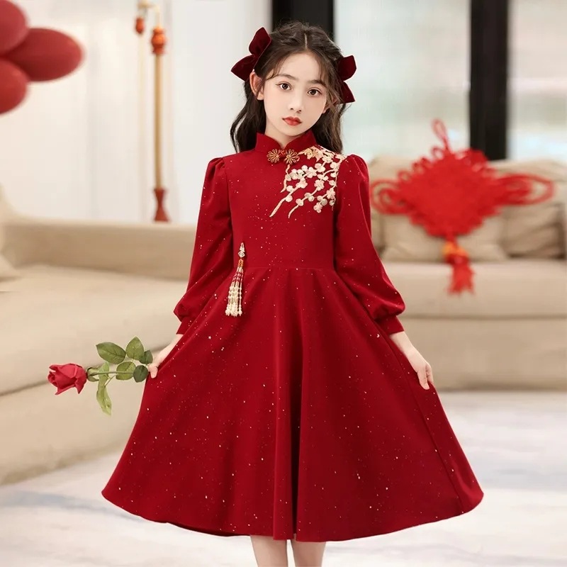 Primary and secondary school students autumn and winter new temperament Chinese style dress girls fashion red New Year dress