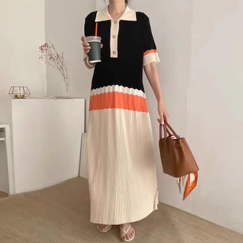 Ice Silk High Quality Fabric Korean Style chic Summer Colorblock Pleated Loose Long Ice Silk Knitted Knitted Dress