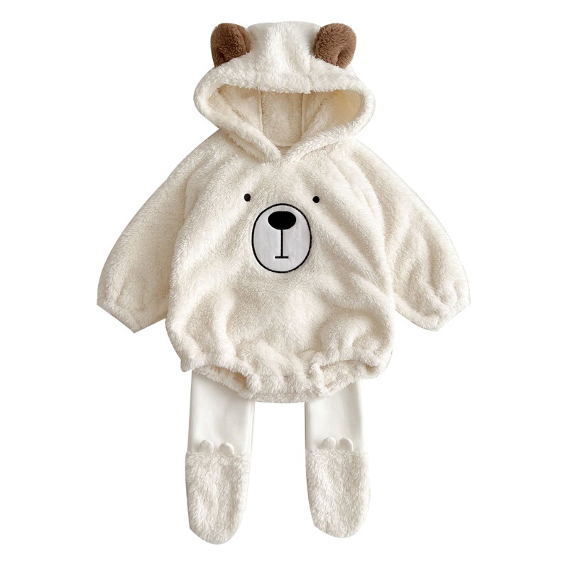 Ins Baby Clothes Autumn and Winter Cute Hooded Bear Baby fleece-lined Hatshirt Climbing Wear Warm Double-sided Fleece Bag Fart Clothes