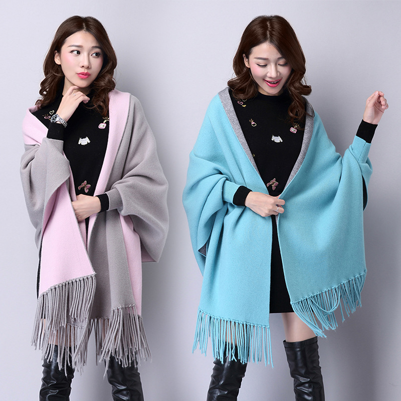 Autumn and Winter New Women's Double-sided Shawl Scarf Dual-use Tassel Thickened Long Cashmere Blended Cape Jacket with Sleeve