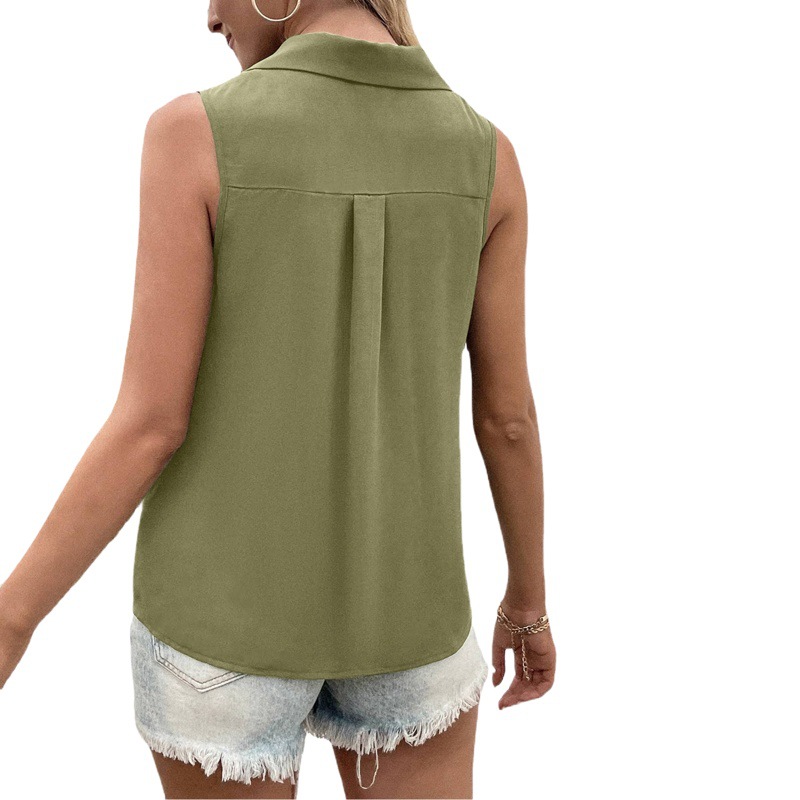 2025 European and American Cross-Border Summer New Women's Clothing Pure Color V Neck Loose Chiffon Shirt Sleeveless Twist Button Vest Shirt for Women