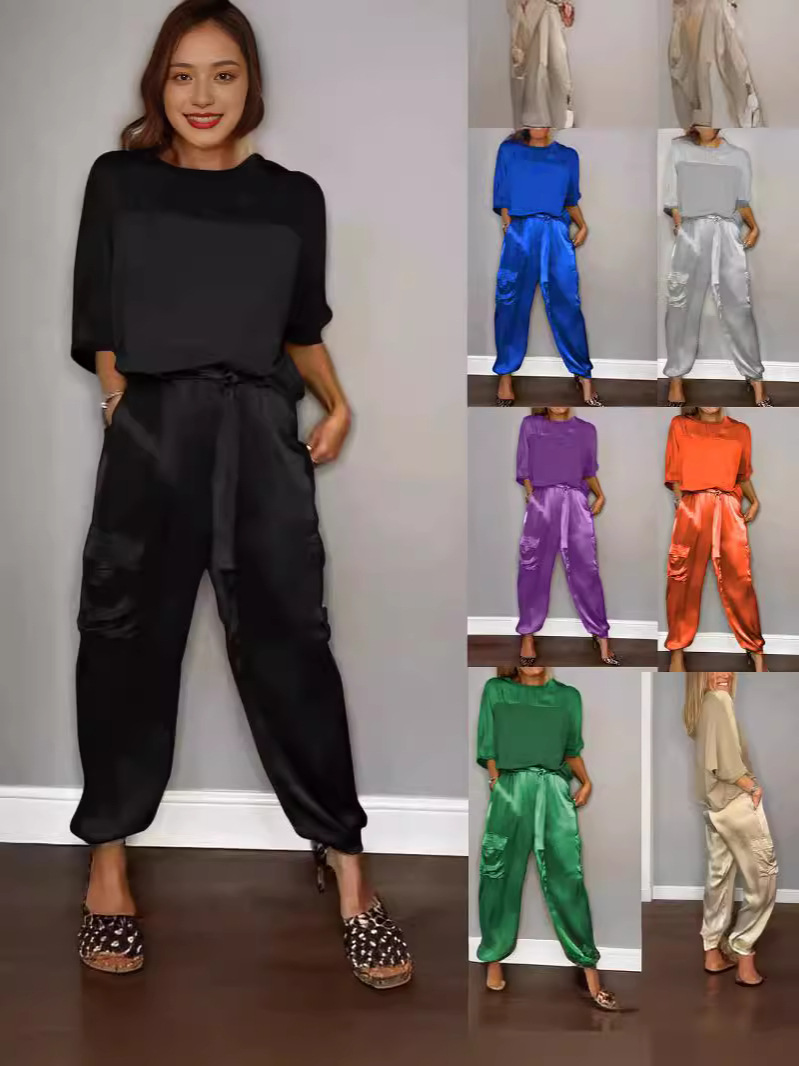 2024 European and American Cross-border New Smooth Solid Color Satin Crewneck Half-sleeve Top Pocket Lace-up Pants Casual suit