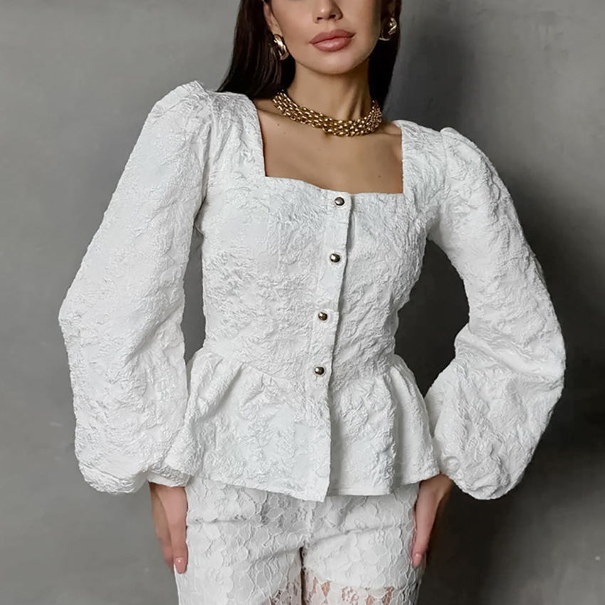 Picture of French high-end jacquard shirt 2024 new commuter square collar bubble sleeve women's shirt top spring women's clothing