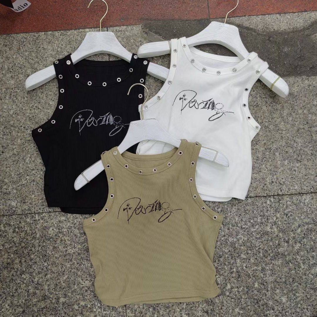 Thirteen lines new hot girl printed metal with diamond rivet short slim punk vest pure sexy