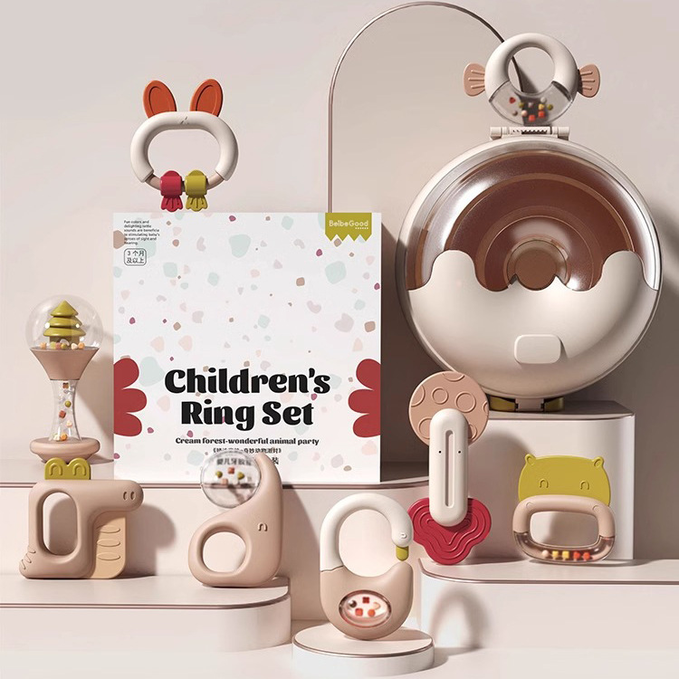 Cross-border baby teeth bite hand rattle educational toys suit newborn baby grind rubber toys gift box wholesale