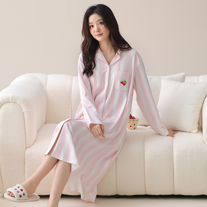 Spring and Autumn New Cotton Long Sleeve Pajamas, Women's Belt Chest Pad, Anti-Bump Cotton Cardigan, Lapel Spot Nightdress, Loungewear