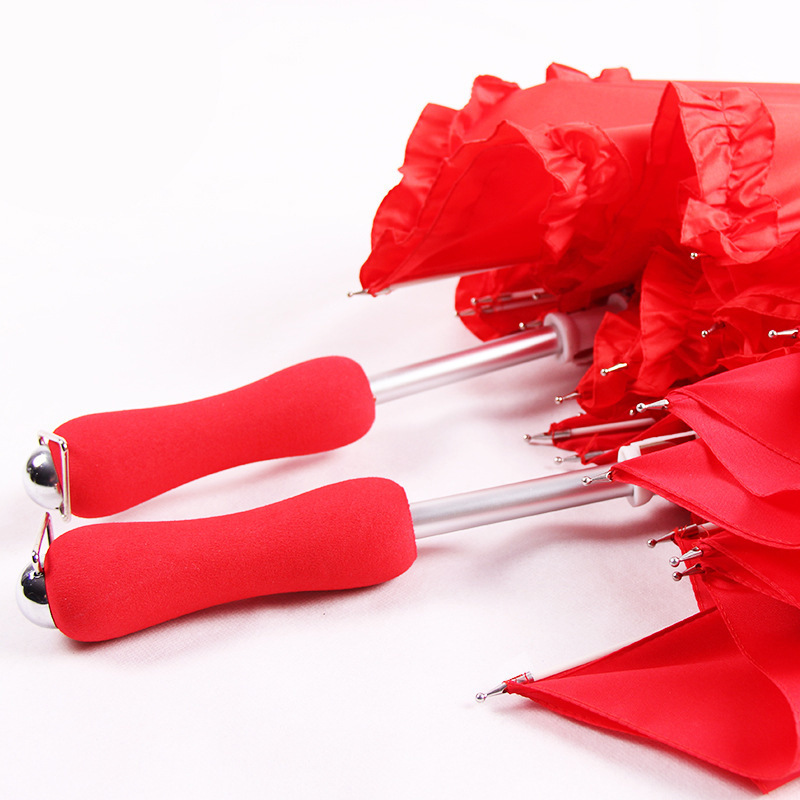 Picture of in stock Hot Selling Fashion Heart-shaped Wedding Bride Umbrella Skirt Glass Fiber Aluminum Big Red Umbrella Hand Open 16-bone Straight Umbrella