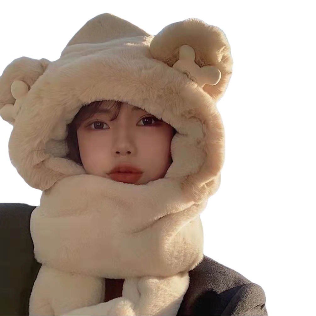 Bear hat scarf integrated women's autumn and winter cute winter plush hooded ears warm hooded Korean style all-match