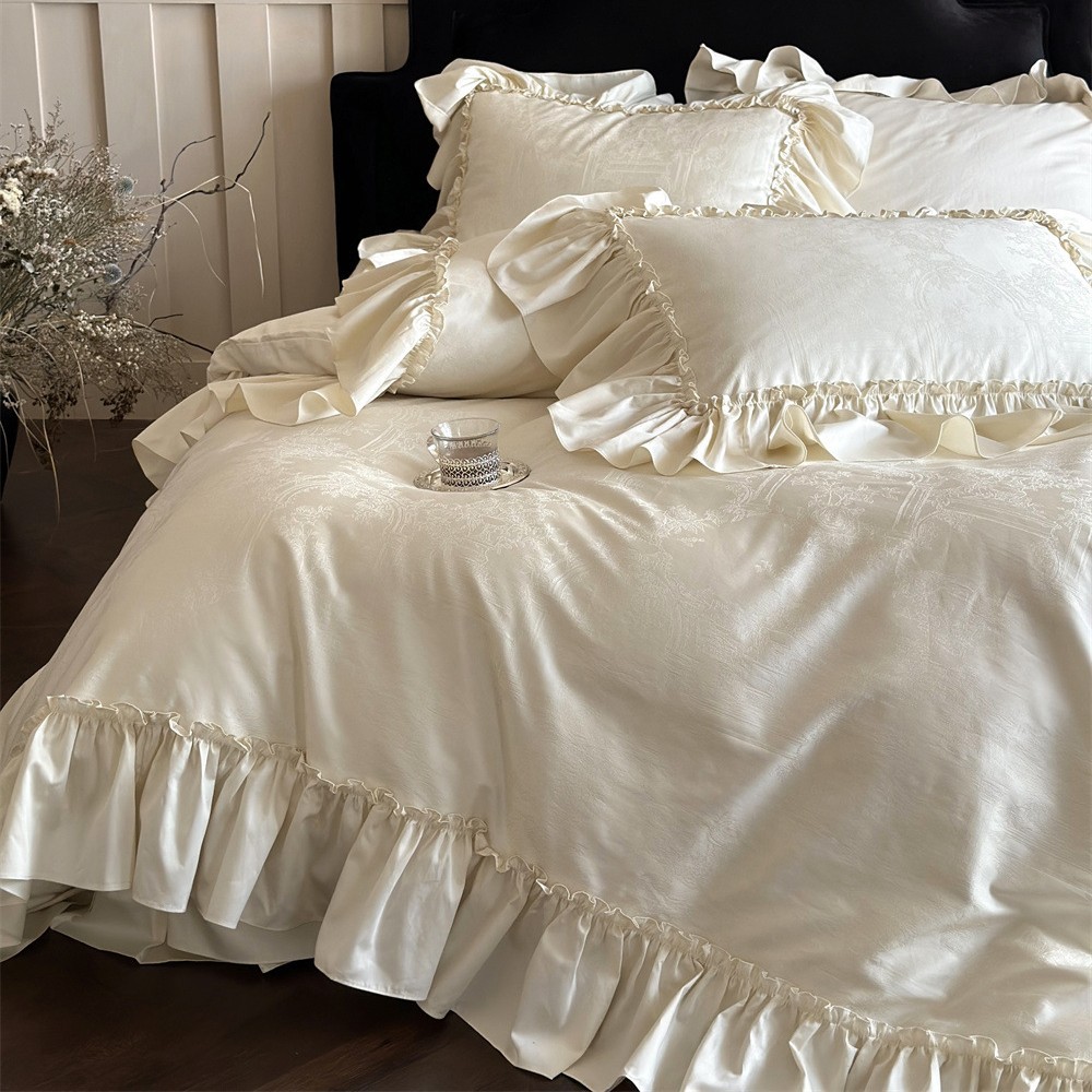 French Girl's Cotton Satin Jacquard Four-Piece Set Pure Cotton Light Luxury Princess Style Large Lace Quilt Cover Bed Sheetss