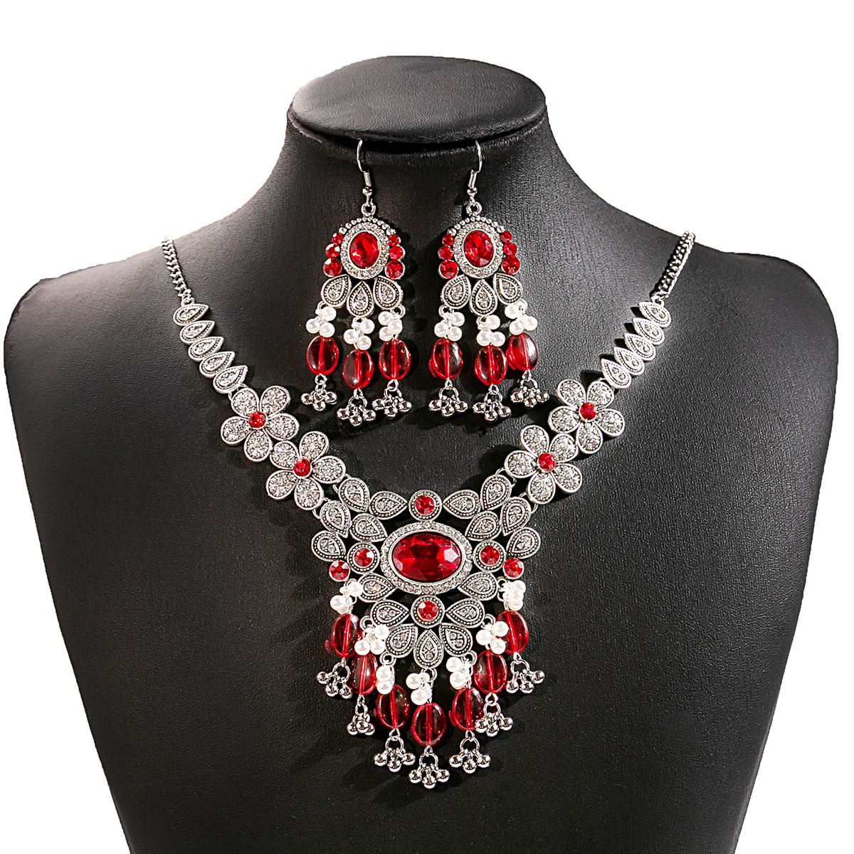 Picture of European and American Luxury Flower Jewelry suit Retro Tassel Round Gem Necklace Geometric Water Drops Square Earrings for Women