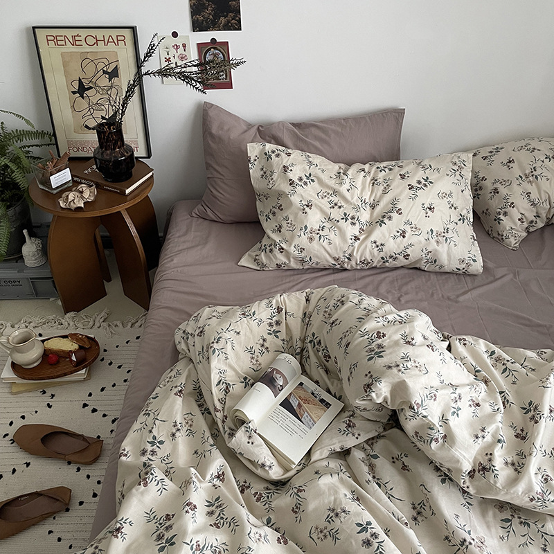 Picture of Small fresh pastoral style cotton bed four-piece set cotton bed sheet quilt cover quilt cover bed hat dormitory three-piece set