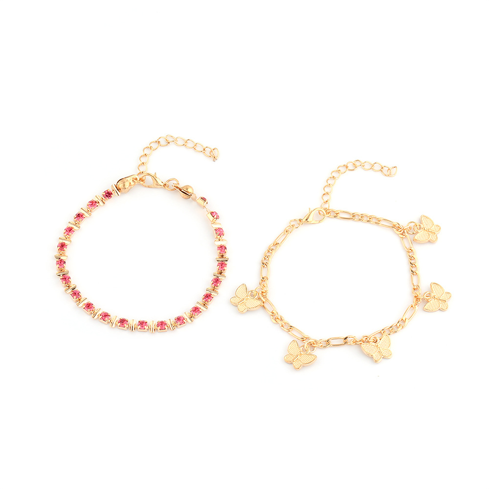 Picture of European and American Simple and Sweet Pink Claw Chain Copper Ornaments Butterfly Tassel Foot Ornaments Multi-Layered 2-Piece Set Anklets