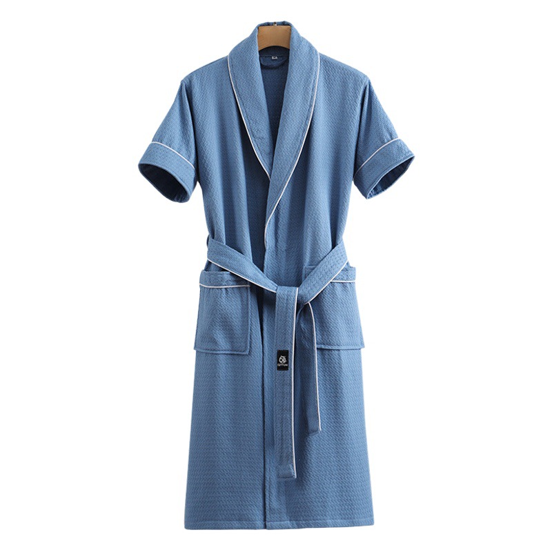 Summer cotton waffle bathrobe short sleeve lapel long bathrobe cross-border couples home clothing a generation of hair