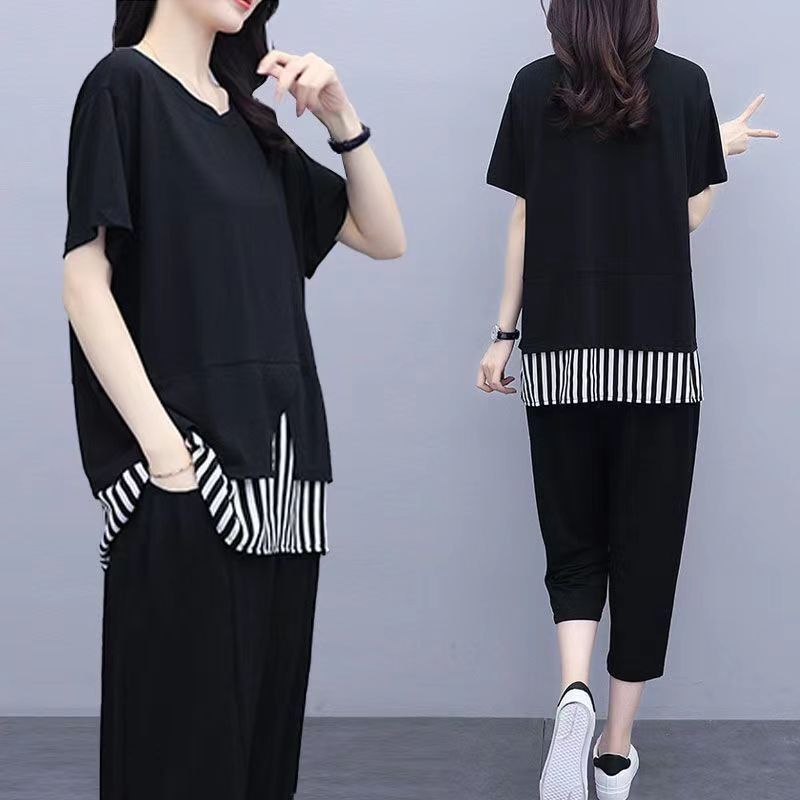 Summer new plus-size women's fat MM200 pounds spliced striped top loose slimming cropped pants two-piece set for women