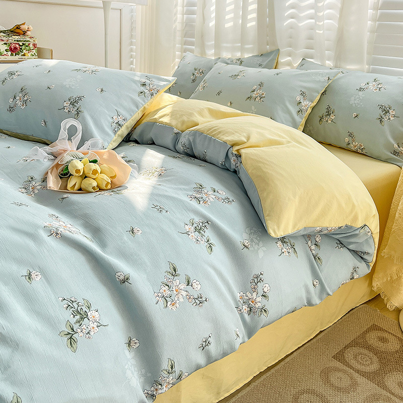 Picture of Class A Washed Double Yarn Cotton and Linen Four-piece Bed Sheet Cover Cover Three-piece Machine Washable Single and Double Bed Top Supplies