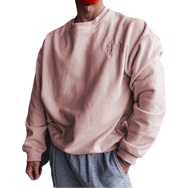 Fleece Sports Hoodie Men's Winter Warm Base Fitness Top Embroidered Crewneck Pullover Training Clothes