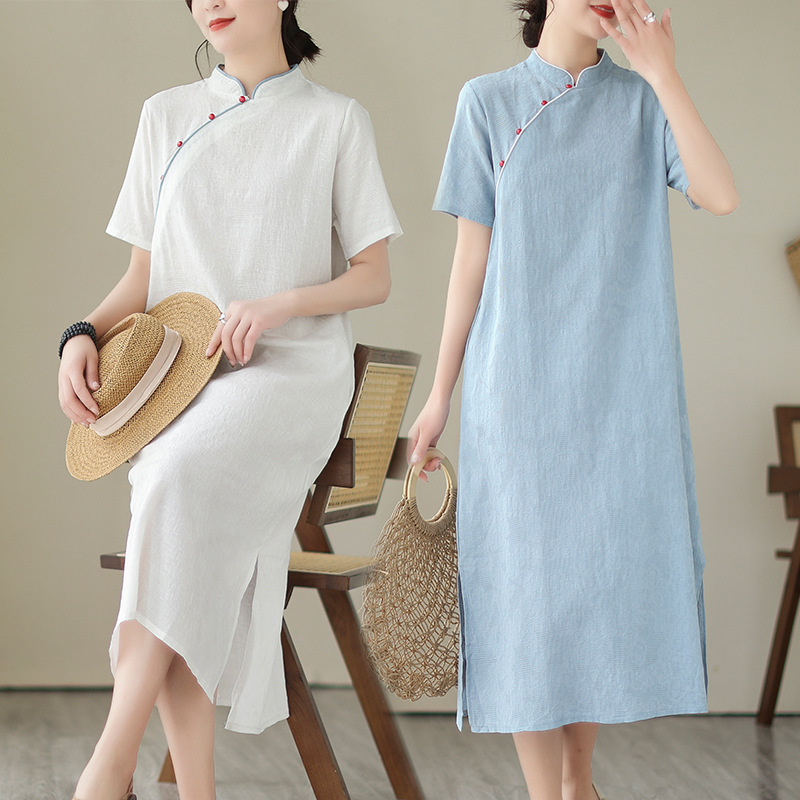 Mom Summer Solid Color Elegant Cotton and Linen Dress Women's 2024 Summer New Chinese Style Short Sleeve Cheongsam Dress with Vertical Collar