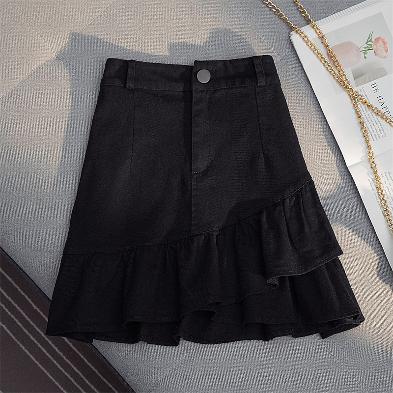 Picture of Small Irregular Ruffled Skirt 2024 Summer High Waist A- shaped Hip Slim White Denim Skirt for Women