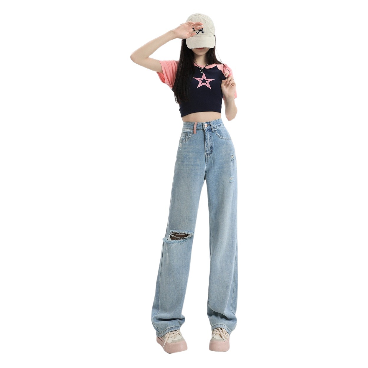 High-Waist Ripped Wide-Leg Jeans Women's Summer New 2023 Loose Slimming Design Sense Straight Tube Dumping Pants