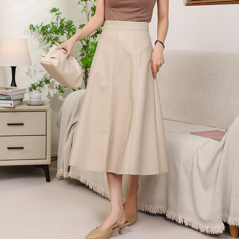 Picture of Autumn and Winter High-End Elegant High-Waisted Leather Skirt for Women, Mid-Length Pu Protein Leather High-End Large Hem A-Line Skirt