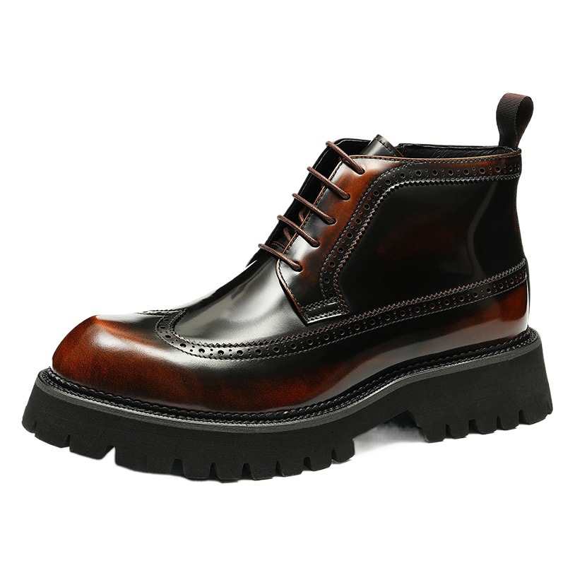Boots Thick-Soled Workwear Men's Shoes Lacquered Bright Leather British Style Trbottomyy Brogue Cowhide Genuine Leather Boots Men's High Top