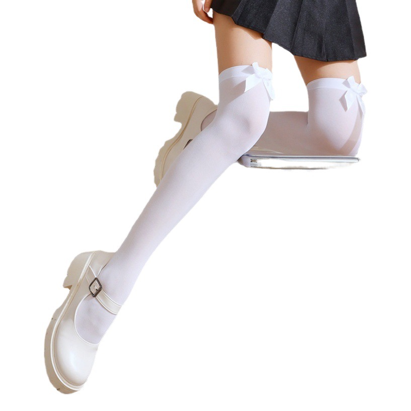 JK Mid-length Socks Women's White Summer Thin Lolita Knee-high Calf Socks White Bowknot Stockings